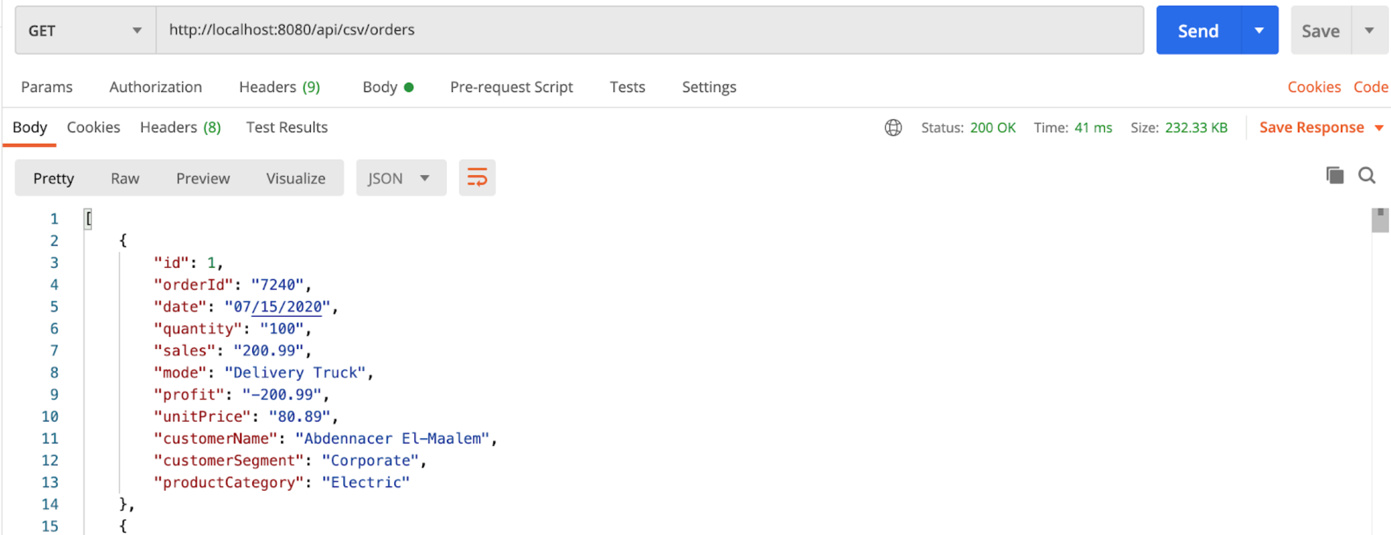 List of Orders with JSON Format